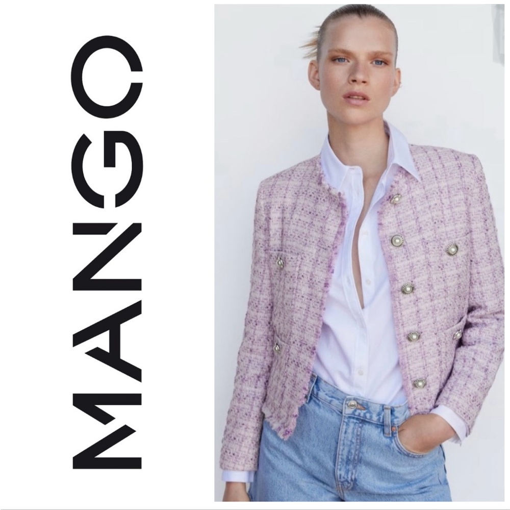 Mango sz M Tweed Jacket, lavender, Cotton mix, EUC, lined, Silver/Pearl buttons